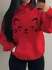 Moletom Feminino Longo de Lã para Primavera 2026 Moda Outono Inverno Moletom Casual Feminino com Bolso e Design de Gato Feliz