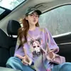 Camiseta Solta de Algodão Puro Tie-Dye Colorido para Indústria Pesada Moda Feminina Estampa de Menina Cartoon Comprimento Médio Tamanho Grande Casual