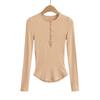 8567-24 Outono Novo Estilo Europeu e Americano Meia-aberto Gola Fivela Manga Comprida Bainha Curvada Slim Basing Jacket T-shirt