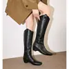 Botas longas estilo deserto com aumento interno de altura, botas de cavaleiro vintage para mulheres, salto grosso, bico quadrado, botas curtas desgastadas, botas longas over-the-knee