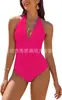Aliexpress Amazon Popular Transfronterizo Europeo y Americano Multicolor Cuello en V Cubre Piel Espalda Fruncida Aspecto Adelgazante Traje de Baño de Una Pieza para Mujer
