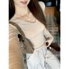 Foto Real # Camiseta Básica de Manga Larga para Mujer 2025 Nueva Top de Color Puro Estilo Coreano Versátil Cuello en V Hombro Derecho Camiseta para Mujer Otoño