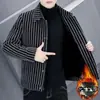 Novo Casaco Masculino de Outono e Inverno, Casaco de Lã Listrado Espesso de Alta Qualidade, Versátil, com Forro de Fleece e Gola Lapela, Jaqueta Casual, Quente