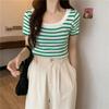 Suéter de Punto de Cuello Cuadrado a Rayas de Manga Corta para Mujer Primavera Estilo Coreano Combinable Ajustado Top Corto Ajustado para Mujeres Petite