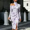 Transfronterizo Nuevo Estampado Digital Casual Personalidad Moda Temperamento Vestido de Manga Larga Hombros Descubiertos Falda Primavera y Otoño Mujer