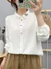 Camisa de Manga Comprida de Fio de Algodão de Camada Dupla Feminina Artística Pequena Fresca Bordada Doce Redutora de Idade Macia Amigável à Pele Algodão Puro Base Top