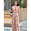 Conjunto de Top Estilo Coreano Ceñido a la Cintura y Pantalones de Pierna Ancha de Cintura Alta para Mujer, Nuevo Estilo Verano 2025, Elegante Conjunto de Dos Piezas que Reduce la Edad