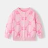 Cardigan Fino para Meninas Estilo Novo Primavera e Outono Jaqueta de Algodão Puro para Bebês e Crianças Pequenas, Tricô Jacquard Cereja Doce com Gola Redonda