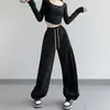 Calça feminina de primavera cinza estilo americano feita sob medida, calça de moletom casual de perna reta e larga com detalhes de bolso