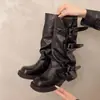 Hebilla de Cinturón Estilo Páramo Nuevo Primavera/Otoño Pantalones de Pierna Ancha Adelgazantes con Punta Cuadrada Botas de Montar para Mujer con Suela Gruesa