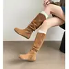 Botines plisados de pelo para Otoño e Invierno para Mujer Botines interiores nuevos Birkenstock 2025 Botas hasta la rodilla Punta redonda Marrón