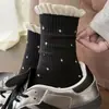 Meias Grossas de Algodão Puro para Outono e Inverno, Meias até a Panturrilha para Mulheres, Meias Largas de Renda com Bolinhas Estilo Japonês, Meias Longas de Inverno
