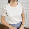 Nova Camiseta de Algodão Puro com Pontos de Renda para Primavera e Verão Feminina Manga Curta Slim Fit Sexy Cor Sólida Top Vazado de Verão