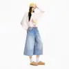 Jeans Feminino Sete Pontos Wide Leg Solto Retro Desgastado Retro Azul Claro Padrão Sete Pontos Padrão Primavera Texturizado Algodão Seda