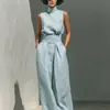 2026 Primavera Europea y Americana Nuevo Estilo Amazon Color Sólido Elegante Sencillo para Mujer Top sin Mangas de Mezcla y Pantalones de Pierna Ancha