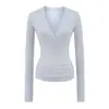 Camiseta de Manga Larga con Botones de Tencel y Cuello en V para Mujer 25 Otoño Nueva Sexy Ajustada Adelgazante Elástica Camiseta Base