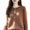 Cardigã de Malha de Algodão Feminino Simples Suave Gola Redonda Botão Solto Temperamento Sweater Redutor de Idade Peça Externa Top