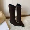 Botas femininas da moda 2026 outono/inverno, bico quadrado, salto grosso, salto alto, acima do joelho, botas de montaria marrons