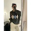 Suéter Vintage Melard com Padrão de Diamantes e Gola Polo para Mulheres, Estilo Preguiçoso de Outono e Inverno, Peça de Tricô Solta Chique