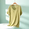 Camiseta fina de modal con cuello en V y manga corta, con copas en el pecho, longitud extendida, talla grande para mujer, top que cubre la cadera, camiseta base lisa de manga corta