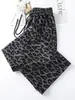 Calça de Lã Wide Leg Estampa de Leopardo para Mulheres, Outono e Inverno Engrossada Quente Novo Estilo 2026, Caimento Solto Cintura Alta Reta Casual