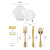 Conjunto de talheres de plástico dourado descartável prato com relevo dourado preto prato de sobremesa de 7,5 polegadas prato ocidental de 10,25 polegadas