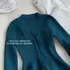 Suéter de Tricô Azul Azul Claro Verde Azulado Decote V Profundo Manga Longa Corte Evasê para Mulheres, Primavera e Outono, Top Justo na Cintura