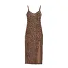 Vestido de tirantes sexy salvaje con estampado de leopardo de terciopelo estilo europeo y americano, con abertura alta, para verano, entallado, ceñido a la cintura, de longitud media