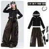 Traje de jazz para niños, estampado de leopardo con pedrería brillante, conjunto de jazz para niñas, traje de desfile de moda infantil, traje con capucha para actuación de street dance para niñas