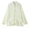 Comércio exterior roupas femininas transfronteiriças europeias e americanas: camisa de manga comprida doce e elegante com lapela, patchwork de renda bordada e design liso