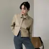 Jaqueta de couro feminina casual solta de alta qualidade estilo retrô francês com lapela e zíper duplo Dongdaemun Coreano