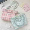 65159 Bolsa de Lona Xadrez Rosa e Branca com Alça Azul Clara, Estilo Casual para Passeio de Estudante, Bolsa de Ombro Artística