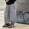 Pantalones de chándal lisos para niños y niñas, holgados, con cordón, algodón compuesto lavado, versátiles, casuales, largos