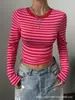 Camiseta de manga larga versátil para mujer, diseño corto a rayas de bloques de color estilo coreano, nueva de otoño, transfronteriza europea y americana