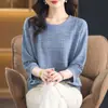 Tops de Moda para Mujer de 26 Años, Mamá de Edad Media, Elegante Camiseta de Manga Tres Cuartos, Suelto Talla Grande de Seda de Hielo Tejido Cuello Redondo