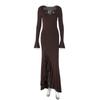 Ropa de Mujer Transfronteriza Europea y Americana 2025 Nuevo Otoño Color Sólido Trompeta Manga Larga Volantes Abertura Sexy Ajustado Vestido