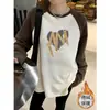 Camiseta de Manga Larga con Diseño de Dibujos Animados en Hombros Contrastantes Acabado Pulido para Mujer Otoño e Invierno Estilo Retro Americano Top Suelto Pequeño