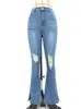 Nuevos Jeans Skinny Elásticos Micro-Acampanados para Mujer de Otoño Jeans Rotos con Abertura para Mujer Jeans de Comercio Exterior Europeo y Americano para Mujer