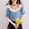 Camisa Estilo Maduro Leve com Recortes em Jeans para Mulheres Verão 2024 Nicho Francês Solta com Babados Gola Redonda
