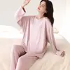 Pijama Feminino Ribbed de Eco-Seda no Atacado, adequado para todas as estações, de manga longa, calça comprida, pulôver, roupa de casa macia, conjunto de duas peças