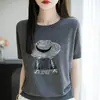 26 Suéter de Punto de Manga Corta con Cuello Redondo Verano Nuevo Estilo Holgado Jersey Transpirable Versátil de Moda Top Camiseta para Mujer