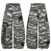 Calça de trabalho camuflada verde militar estilo americano de rua transfronteiriça, unissex, perna reta, corte solto, estilo hip-hop retrô, jeans de perna larga para homens