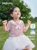 [7A Antibacteriano] Camiseta de Manga Curta para Meninas Pequenas Roupa de Verão para Bebês Top Listrado Roupas Infantis Meninas Gola Azul Marinho
