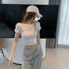 Camiseta de mujer de manga corta con cuello halter, cintura alta y estampado de estrellas de Internet, estilo informal, de verano, con letras estampadas