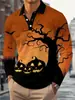 Impresión Digital 3D Murciélago de Halloween Cabeza de Calabaza Camisa Polo Clásica para Hombre Cuello Campana Casual Cómoda Otoño Invierno Manga Larga