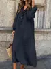 Vestido Novo Versátil de Meio Comprimento com Decote V e Manga Longa para Primavera e Outono, Saia de Algodão e Linho, Vestido Soltinho Plus Size Feminino que Esconde a Figura