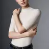 Camiseta de malha base gola alta 100% imitação de lã pura para mulheres, manga média, padrão espinha de peixe, suéter slim fit, top para camada interna