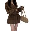 Vestido Camisa Corto con Encaje, Cuello en V, Cordones en la Cintura y Volantes para Mujer de Dongdaemun, Corea del Sur