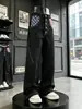 Jeans para hombre con estampado de bandera americana retro desgastada, pantalones largos de pierna ancha con múltiples botones, pantalones negros lavados de dobladillo curvo hasta el suelo