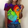 Camiseta de Moda Transpirable de Verano para Mujer con Interesante Estampado de Rostro Abstracto 3D, Nueva Camiseta de Cuello Redondo 2024
